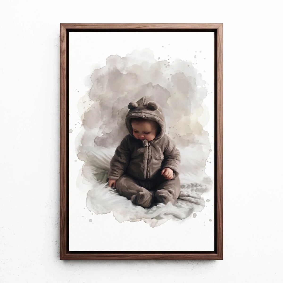 Portrait de bébé en style aquarelle d'après ta photo - toile avec cadre noyer