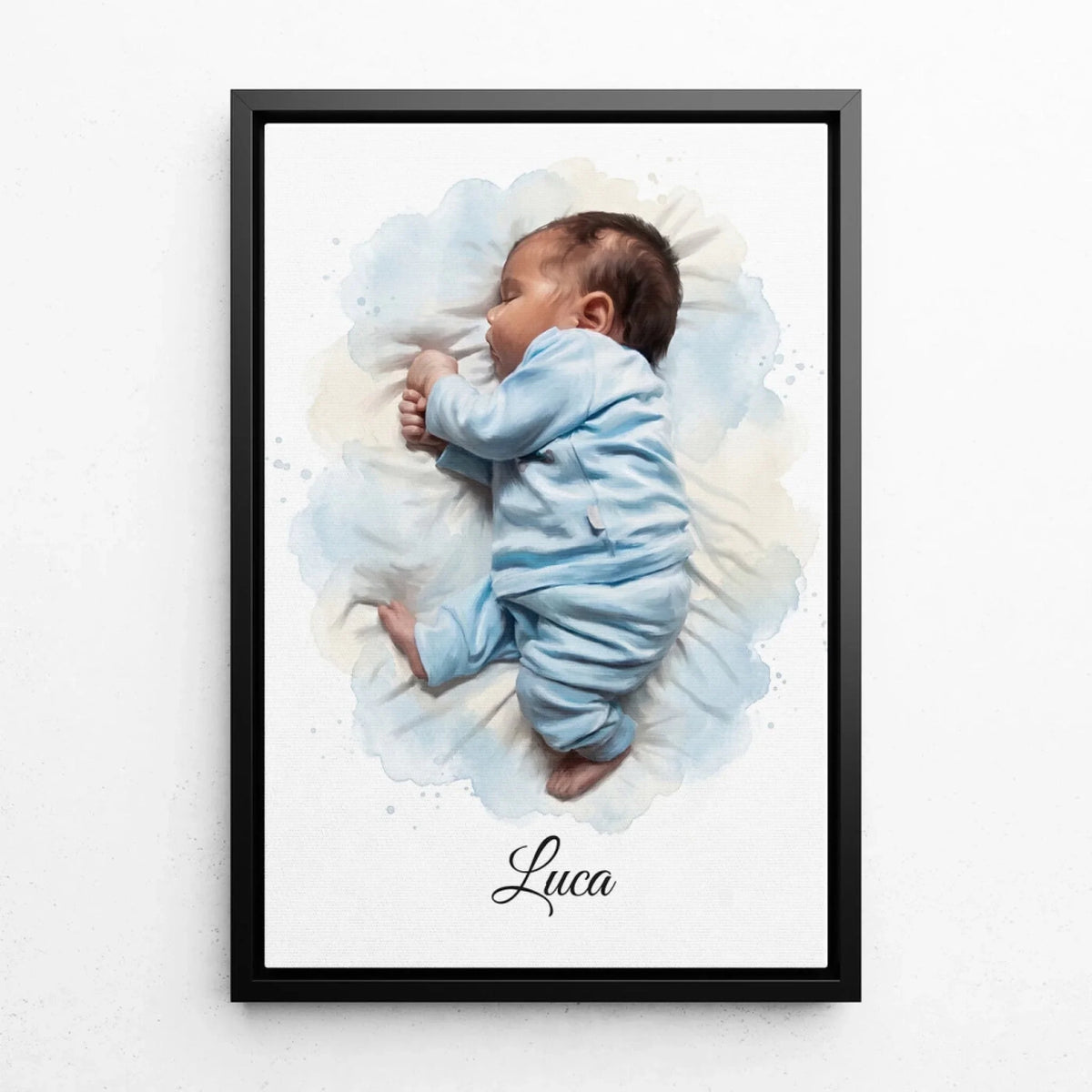 Portrait de bébé en style aquarelle d'après ta photo - toile avec cadre noir