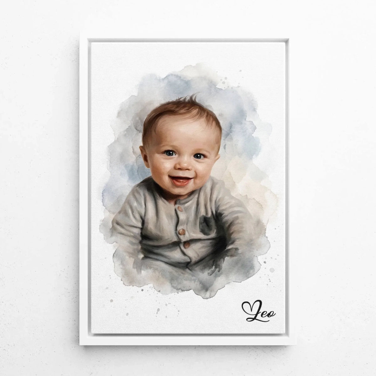 Portrait de bébé en style aquarelle d'après ta photo - toile avec cadre blanc