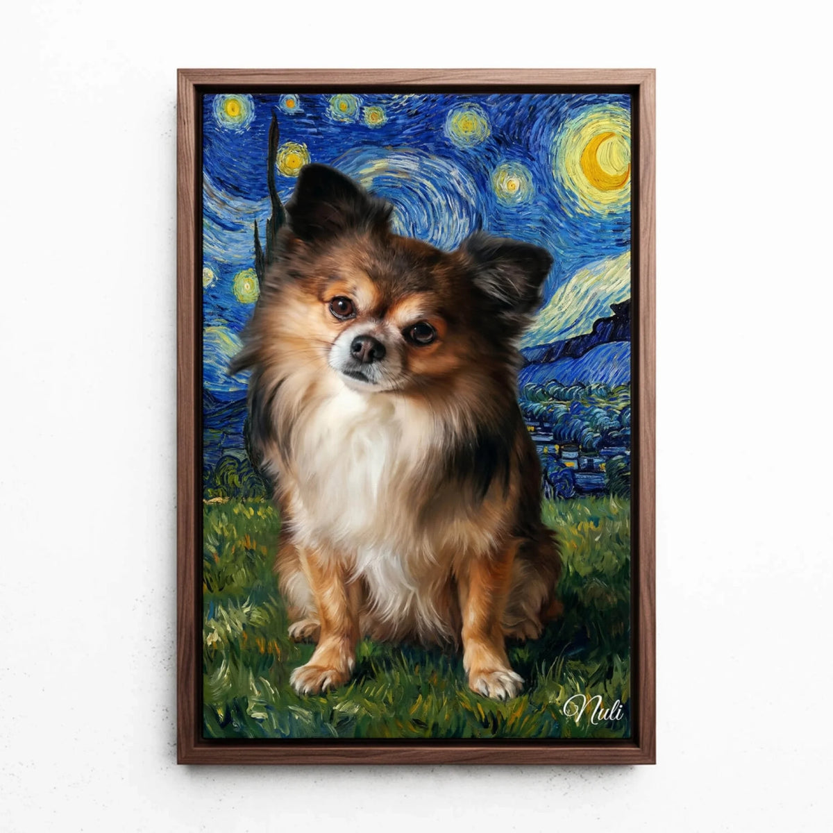 Portrait de chien style Van Gogh d'après ta photo - toile avec cadre noyer