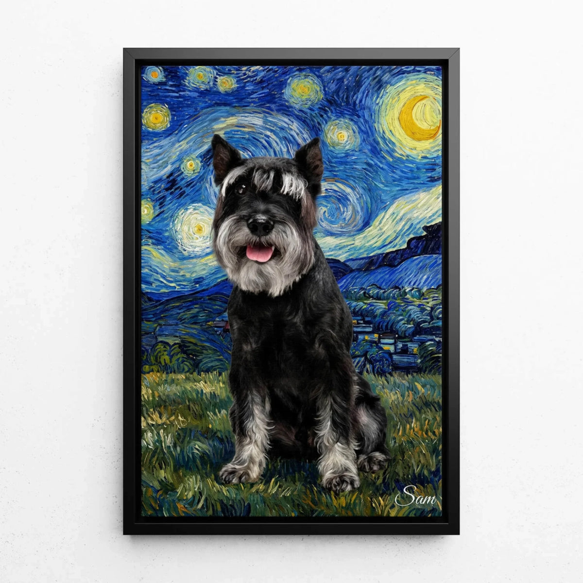 Portrait de chien style Van Gogh d'après ta photo - toile avec cadre noir