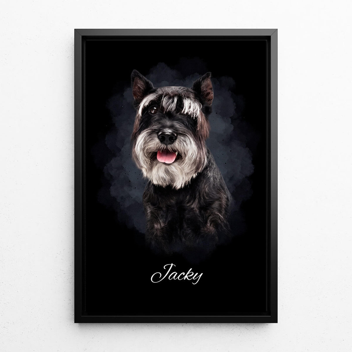 Portrait de chien en style aquarelle - Noir d'après ta photo - toile avec cadre noir