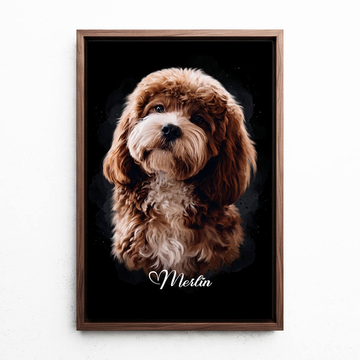 Portrait de chien en style aquarelle - Noir d'après ta photo - toile avec cadre noyer