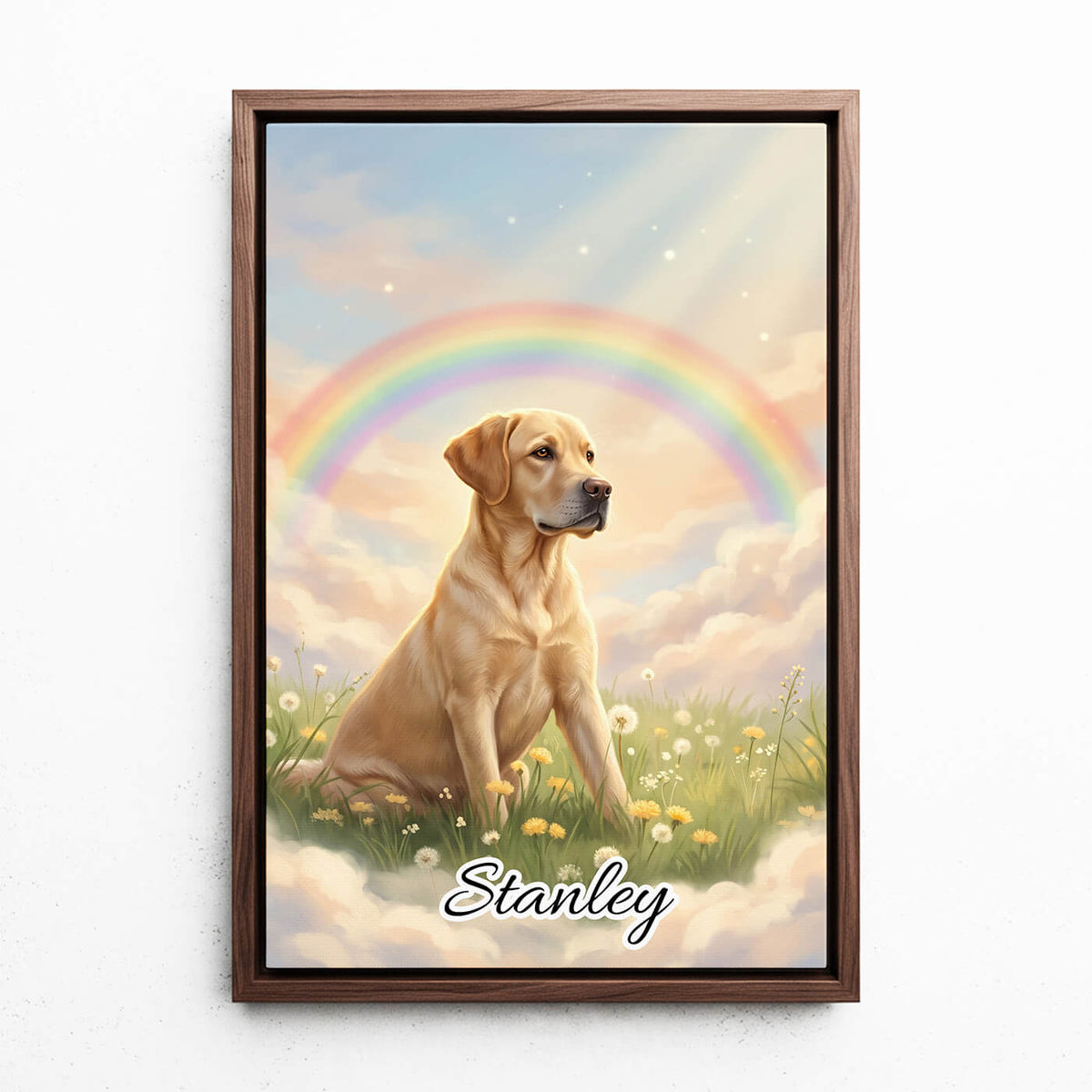 Portrait de chien au Pont de l’Arc-en-ciel d'après ta photo - toile avec cadre noyer
