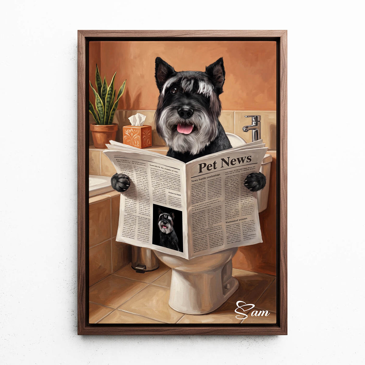 Portrait de chien amusant sur les toilettes d'après ta photo - toile avec cadre noyer