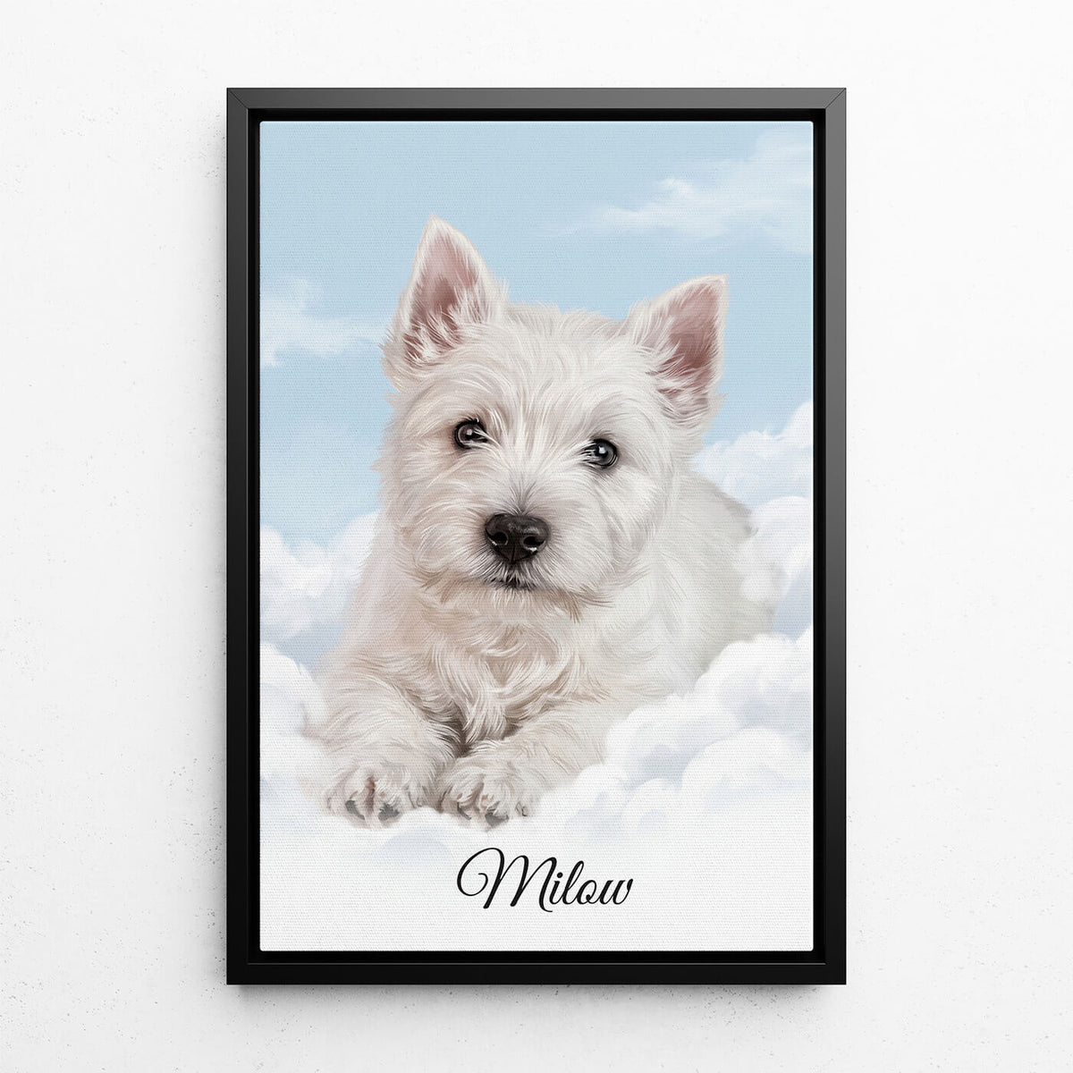 Portrait de chien personnalisé sur les nuages d'après ta photo - toile avec cadre noir