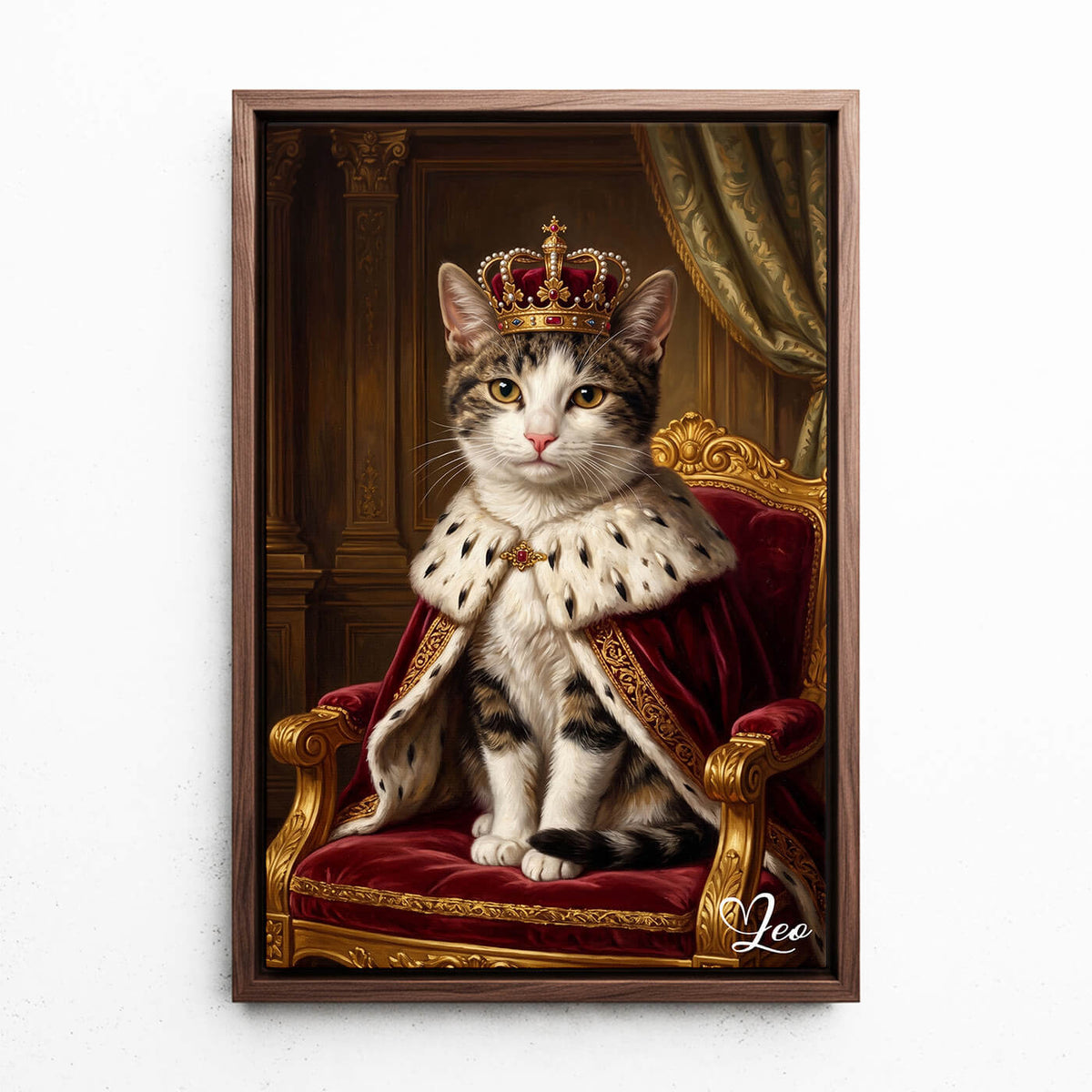 Portrait de chat dans le style Renaissance d'après ta photo - toile avec cadre noyer
