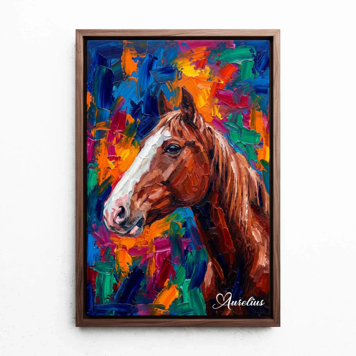 Portrait de cheval en style pop art d'après ta photo - toile avec cadre noyer