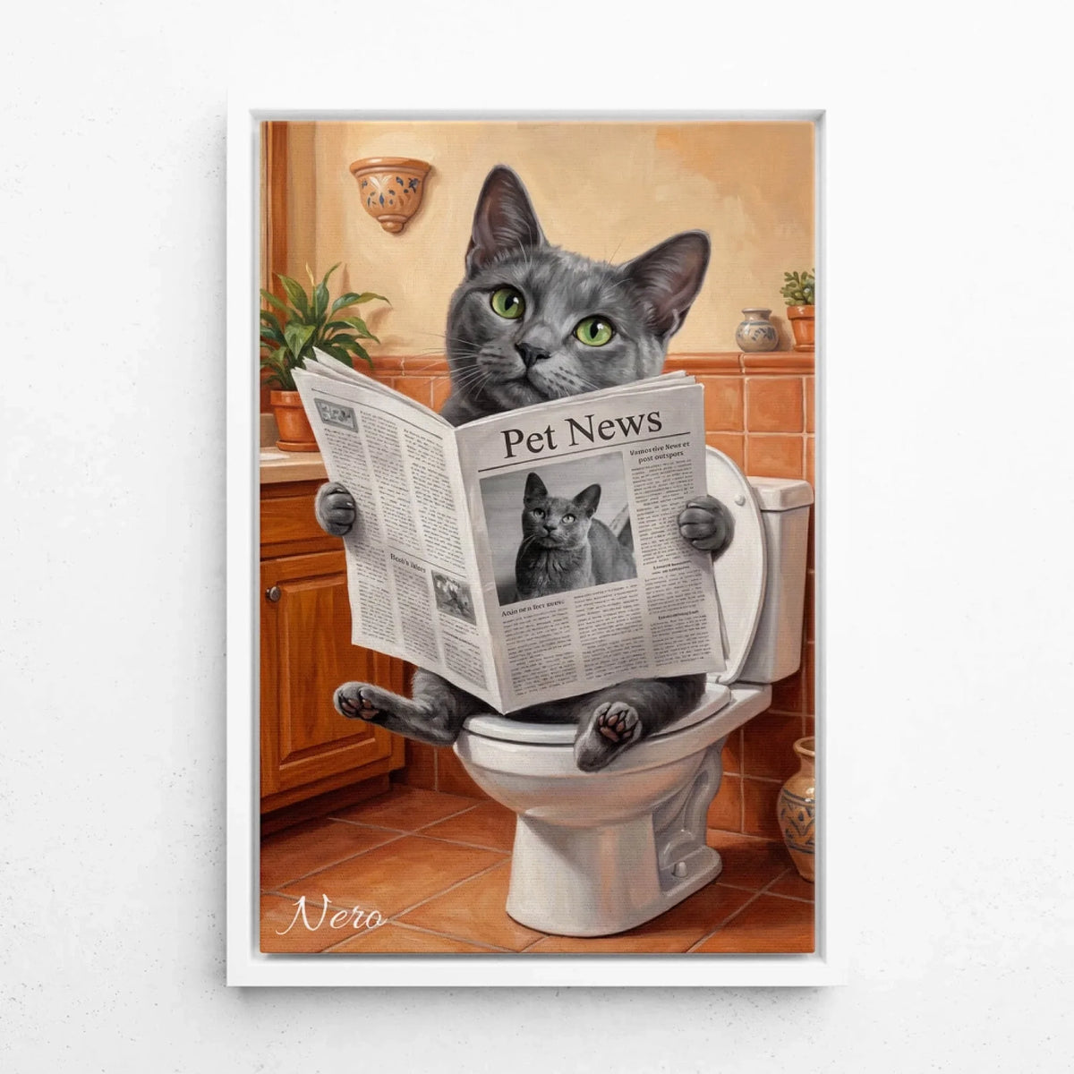 Portrait de chat amusant sur les toilettes d'après ta photo - toile avec cadre blanc