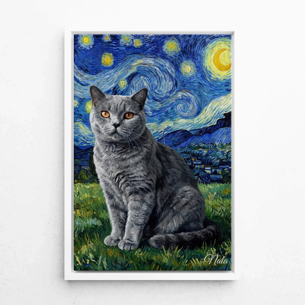 Portrait de chat en style Van Gogh d'après ta photo - toile avec cadre blanc