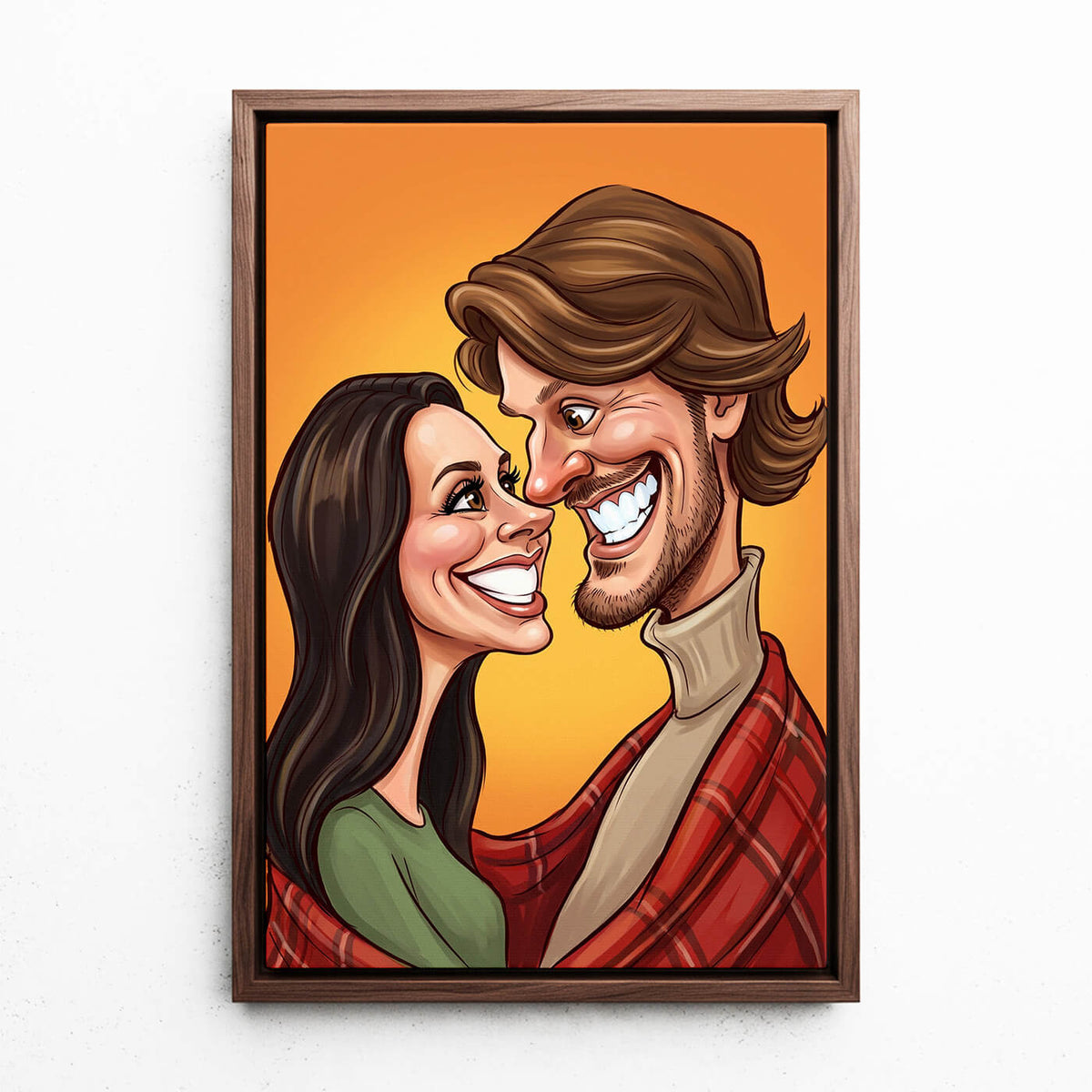 Portrait de couple et de famille en style caricature d'après ta photo - toile avec cadre noyer