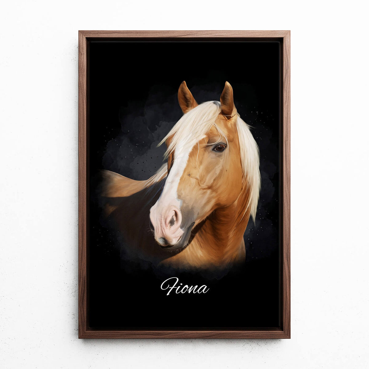 Portrait de cheval en style aquarelle - Noir d'après ta photo - toile avec cadre noyer