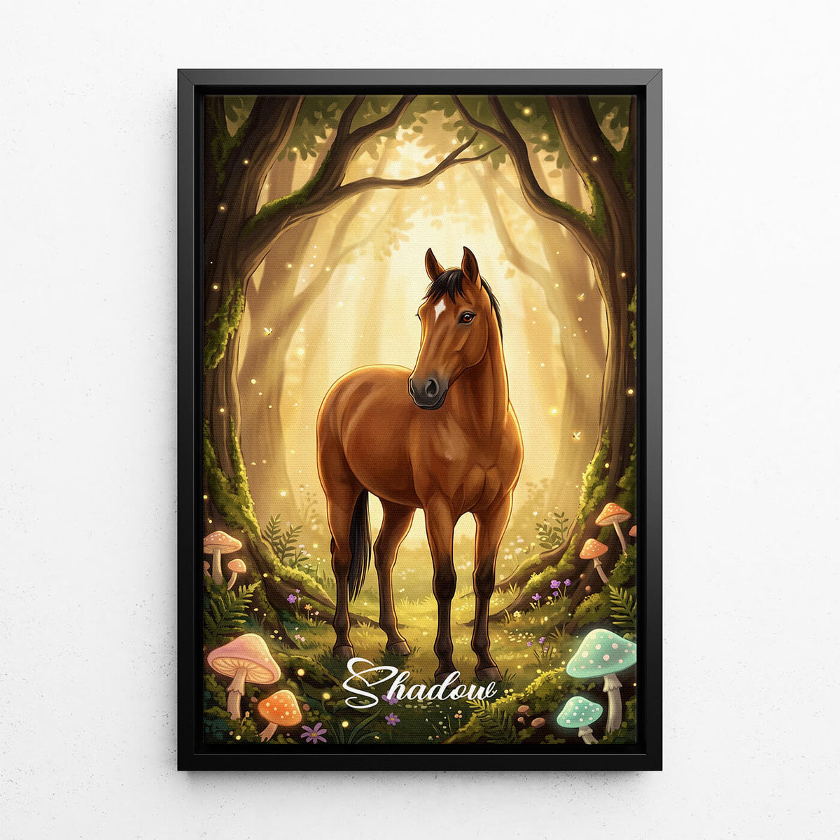 Portrait de cheval en style fantasy / cartoon d'après ta photo - toile avec cadre noir