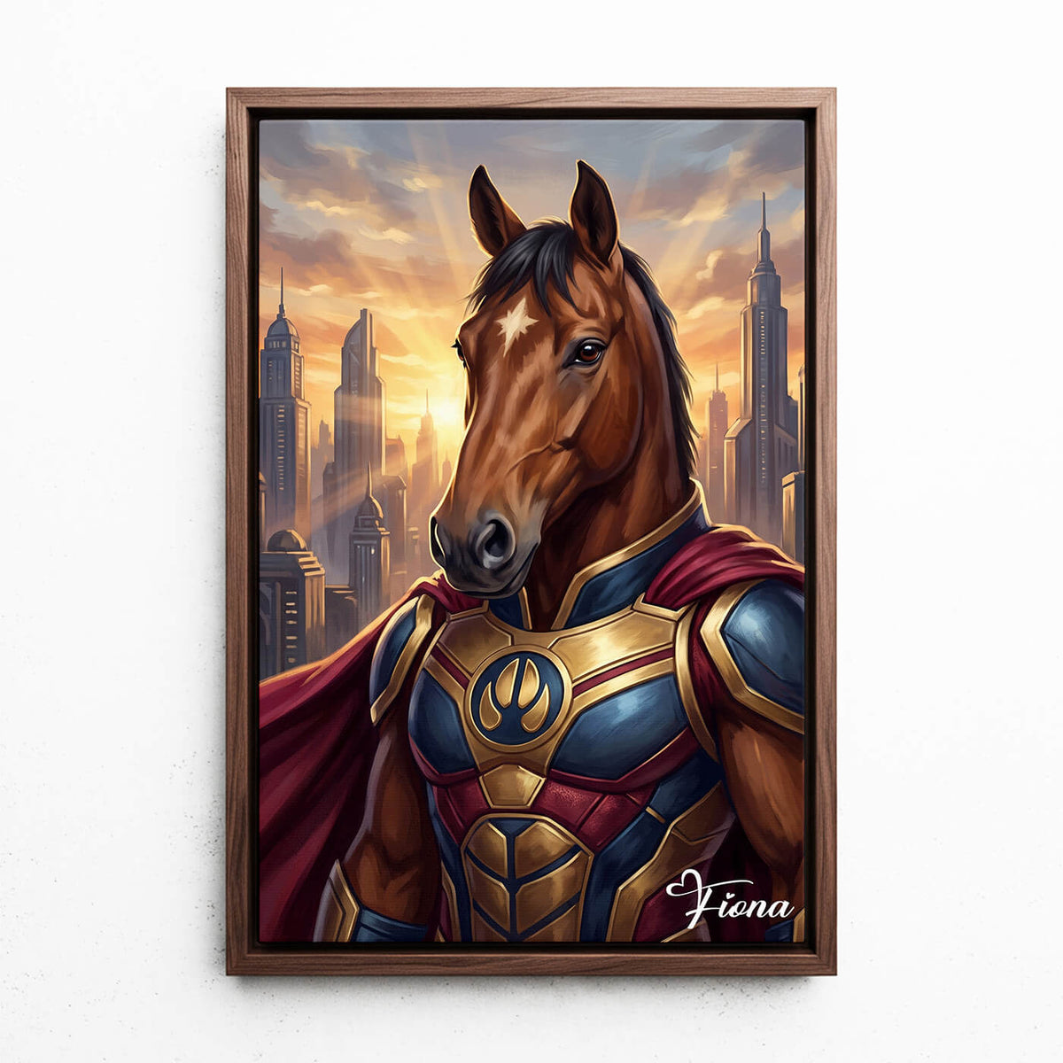Portrait de cheval en super-héros d'après ta photo - toile avec cadre noyer