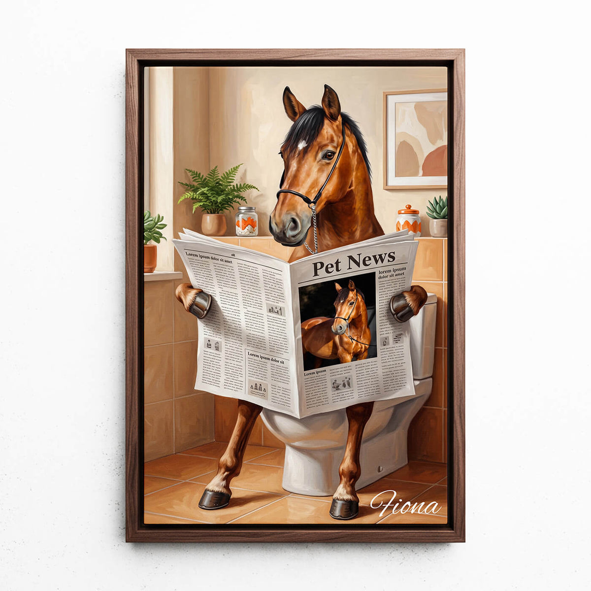 Portrait de cheval amusant sur les toilettes d'après ta photo - toile avec cadre noyer
