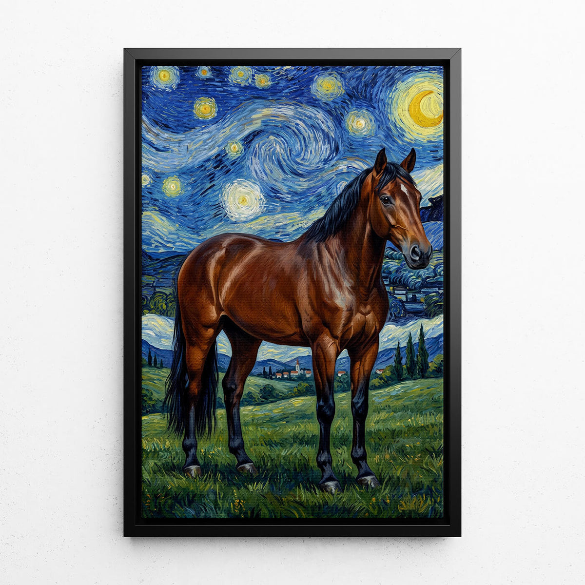 Portrait de cheval en style Van Gogh d'après ta photo - toile avec cadre noir