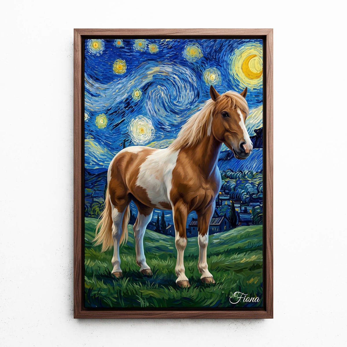 Portrait de cheval en style Van Gogh d'après ta photo - toile avec cadre noyer