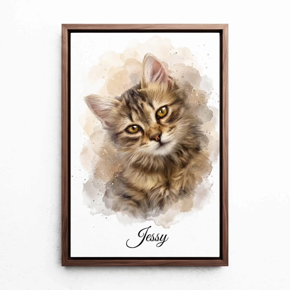 Katzenportrait im Aquarell-Stil - Rahmen Walnuss