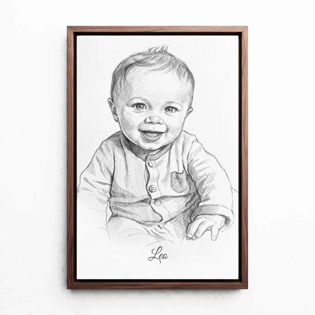 Portrait de bébé en style crayon d'après ta photo - toile avec cadre noyer