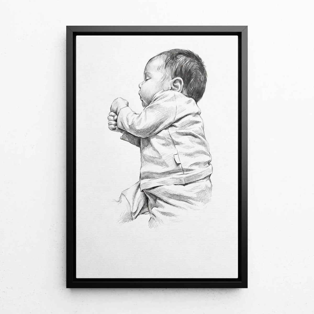 Portrait de bébé en style crayon d'après ta photo - toile avec cadre noir