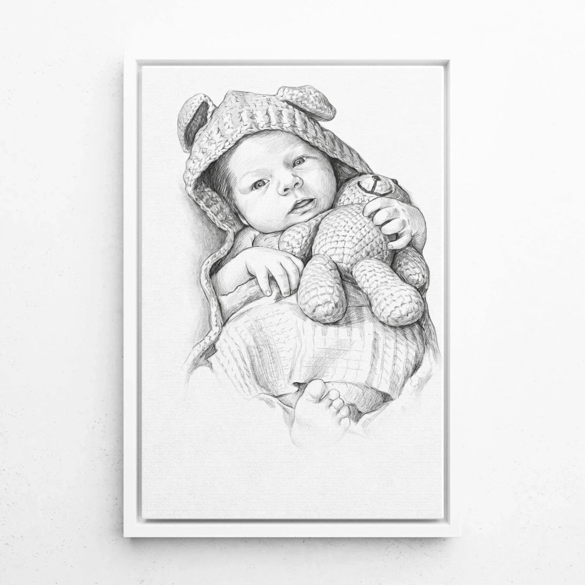 Portrait de bébé en style crayon d'après ta photo - toile avec cadre blanc