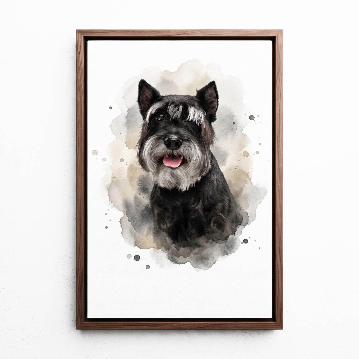 Portrait de chien en style aquarelle d'après ta photo - toile avec cadre noyer