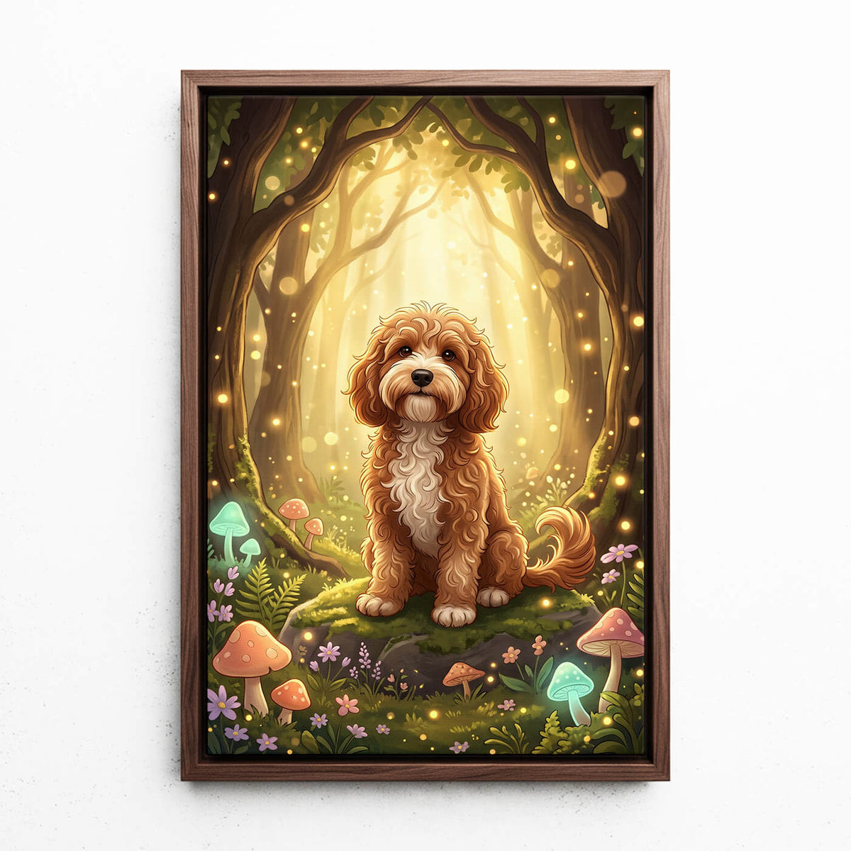 Portrait de chien en style fantasy / cartoon d'après ta photo - toile avec cadre noyer