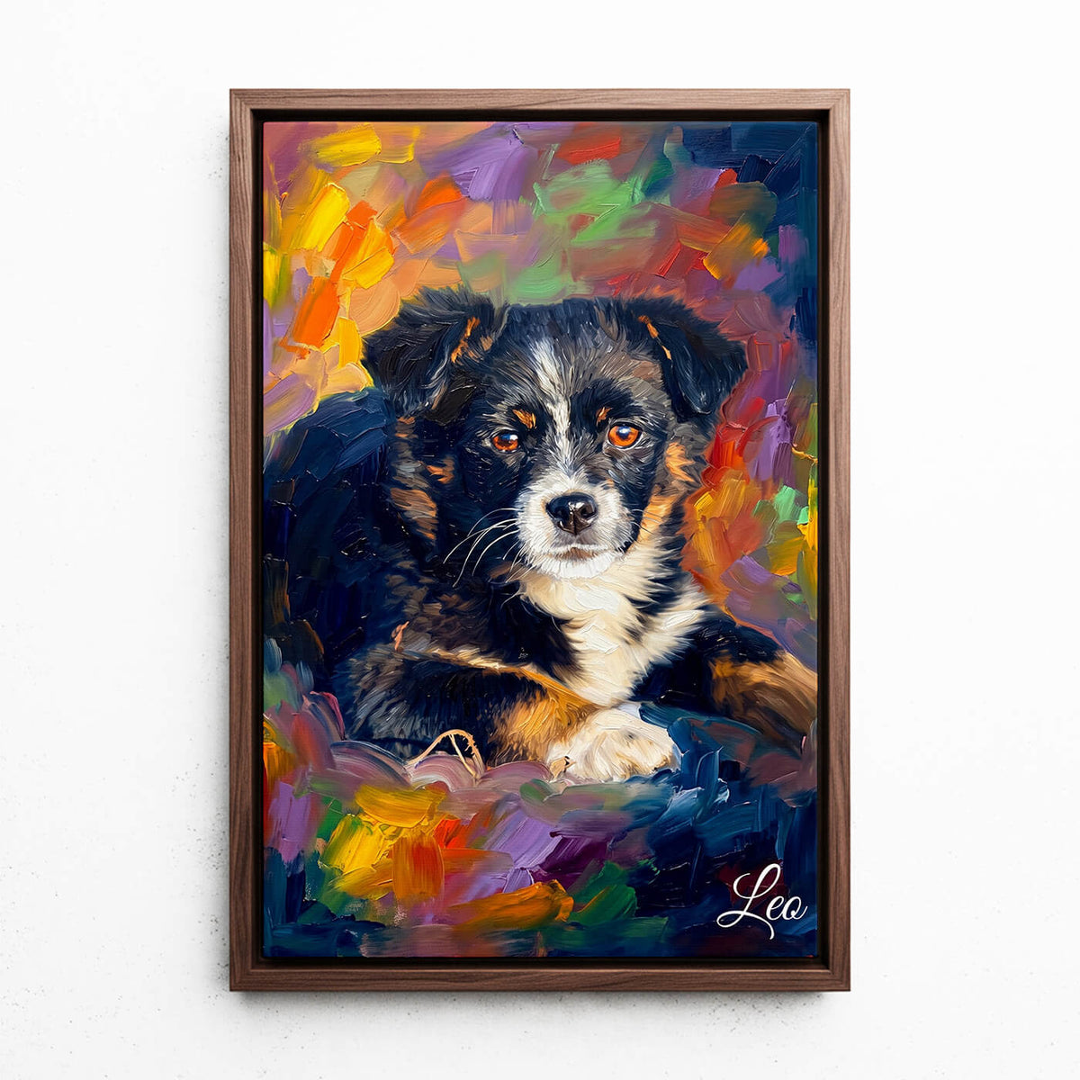 Portrait de chien en style pop art d'après ta photo - toile avec cadre noyer