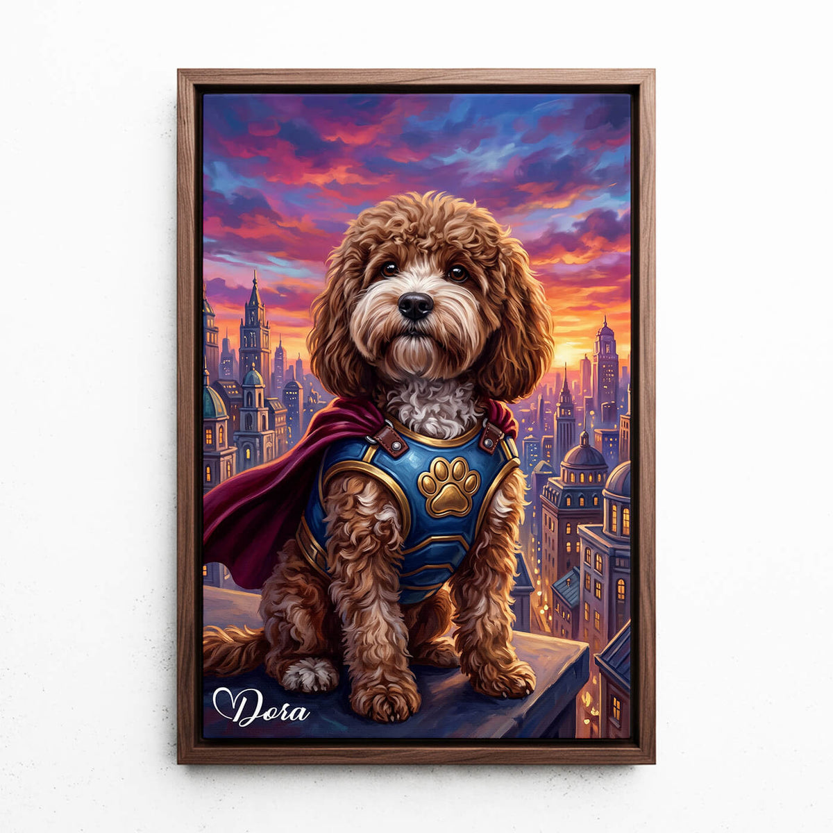 Portrait de chien en super-héros d'après ta photo - toile avec cadre noyer