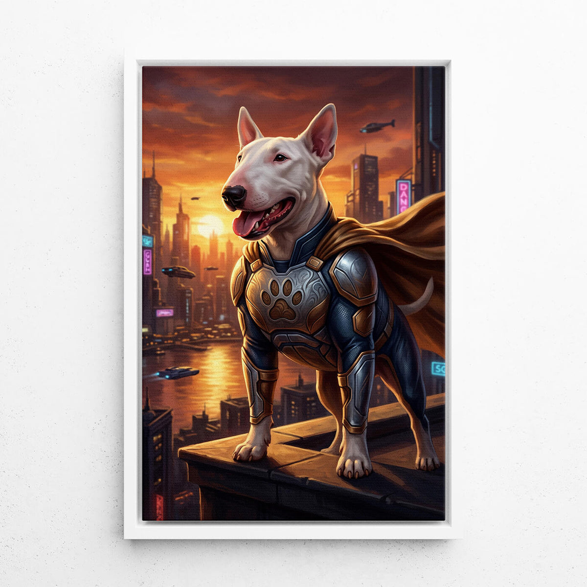Portrait de chien en super-héros d'après ta photo - toile avec cadre blanc