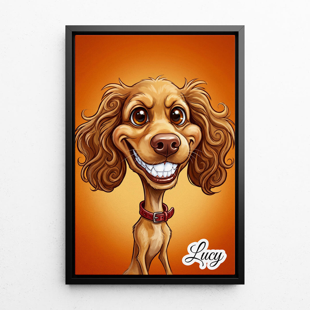 Portrait de chien en style caricature d'après ta photo - toile avec cadre noir