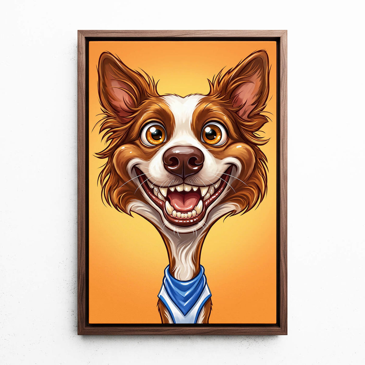 Portrait de chien en style caricature d'après ta photo - toile avec cadre noyer