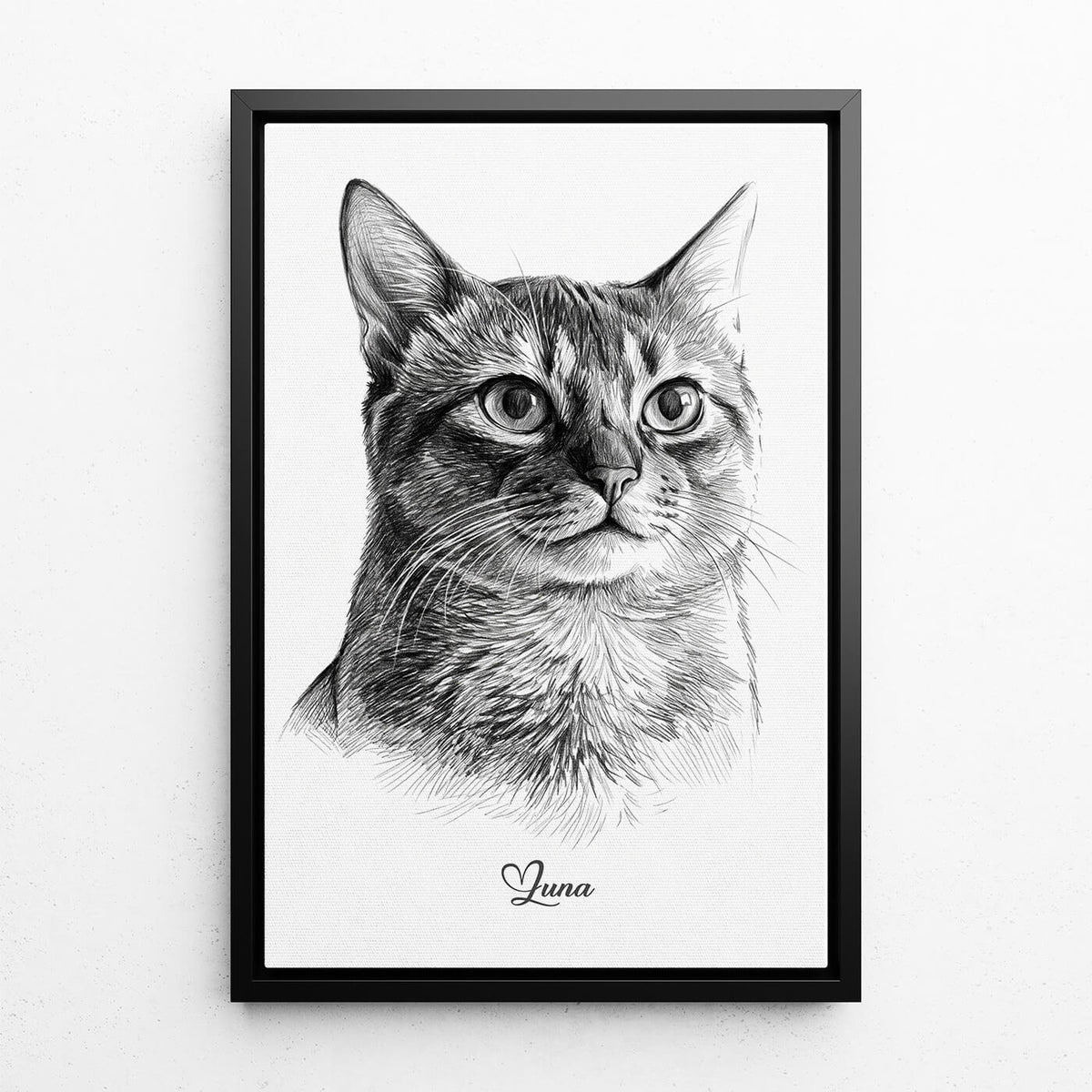 Portrait de chat en style crayon d'après ta photo - toile avec cadre noir