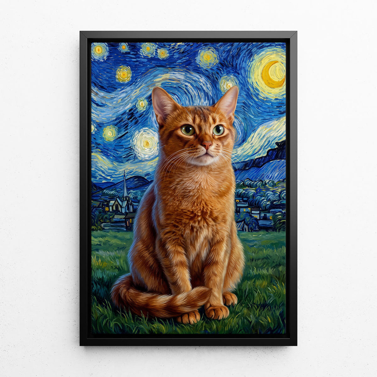 Portrait de chat en style Van Gogh d'après ta photo - toile avec cadre noir