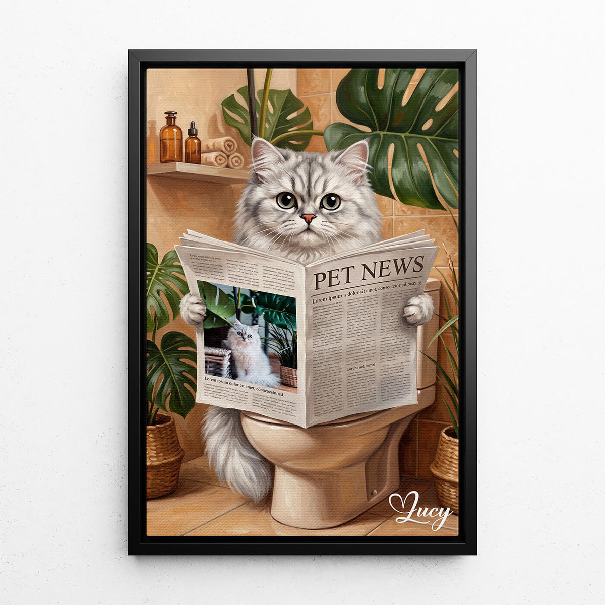 Portrait de chat amusant sur les toilettes d'après ta photo - toile avec cadre noir