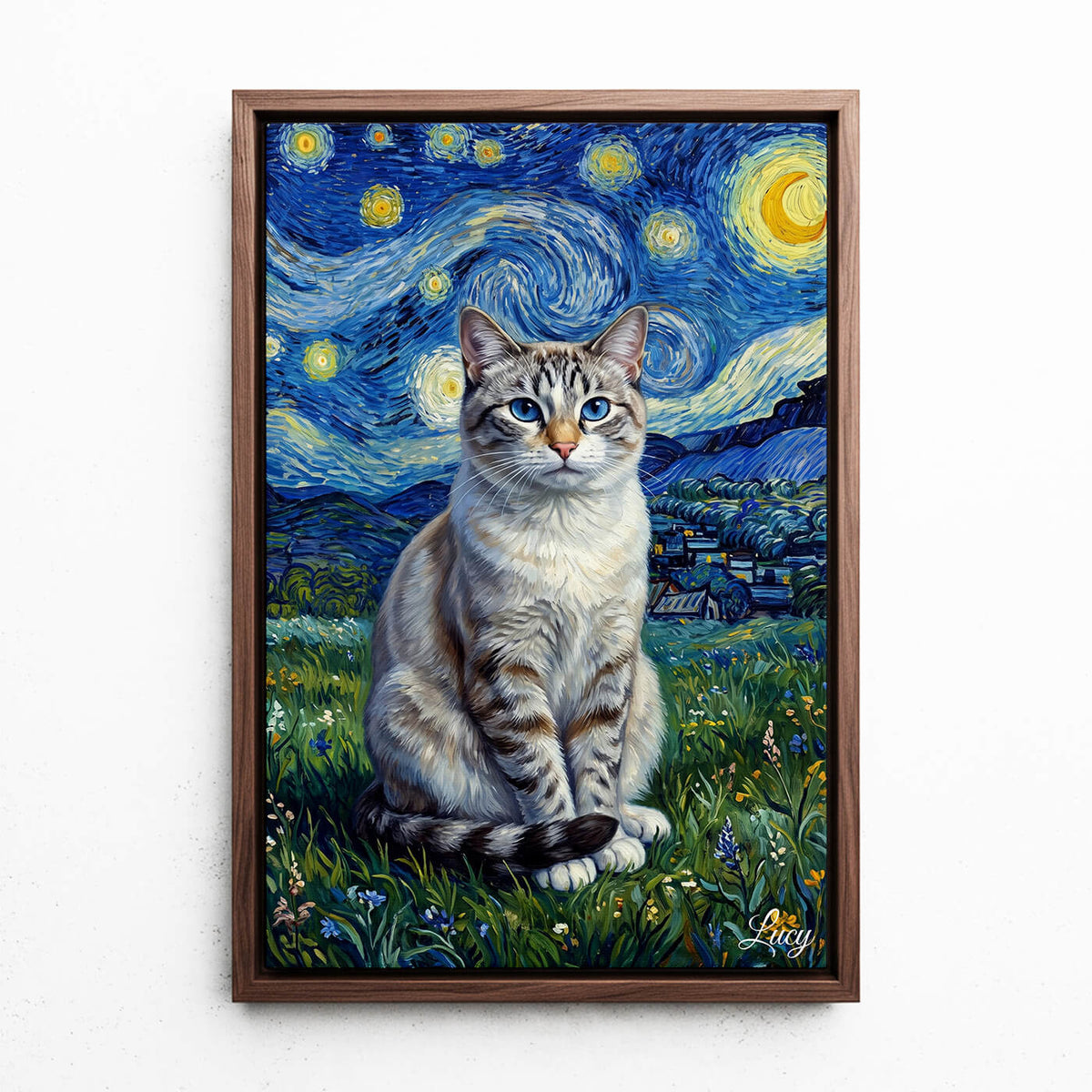 Portrait de chat en style Van Gogh d'après ta photo - toile avec cadre noyer