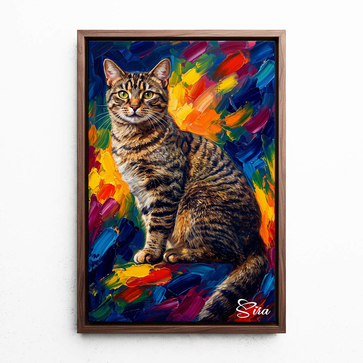 Portrait de chat en style pop art d'après ta photo - toile avec cadre noyer