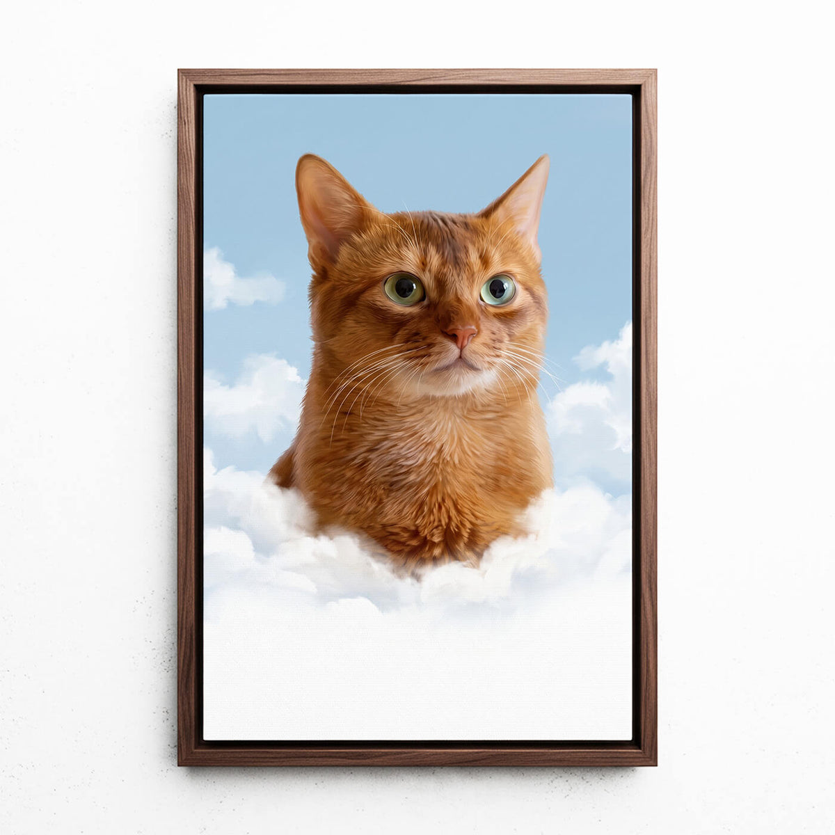 Portrait de chat personnalisé sur les nuages d'après ta photo - toile avec cadre noyer