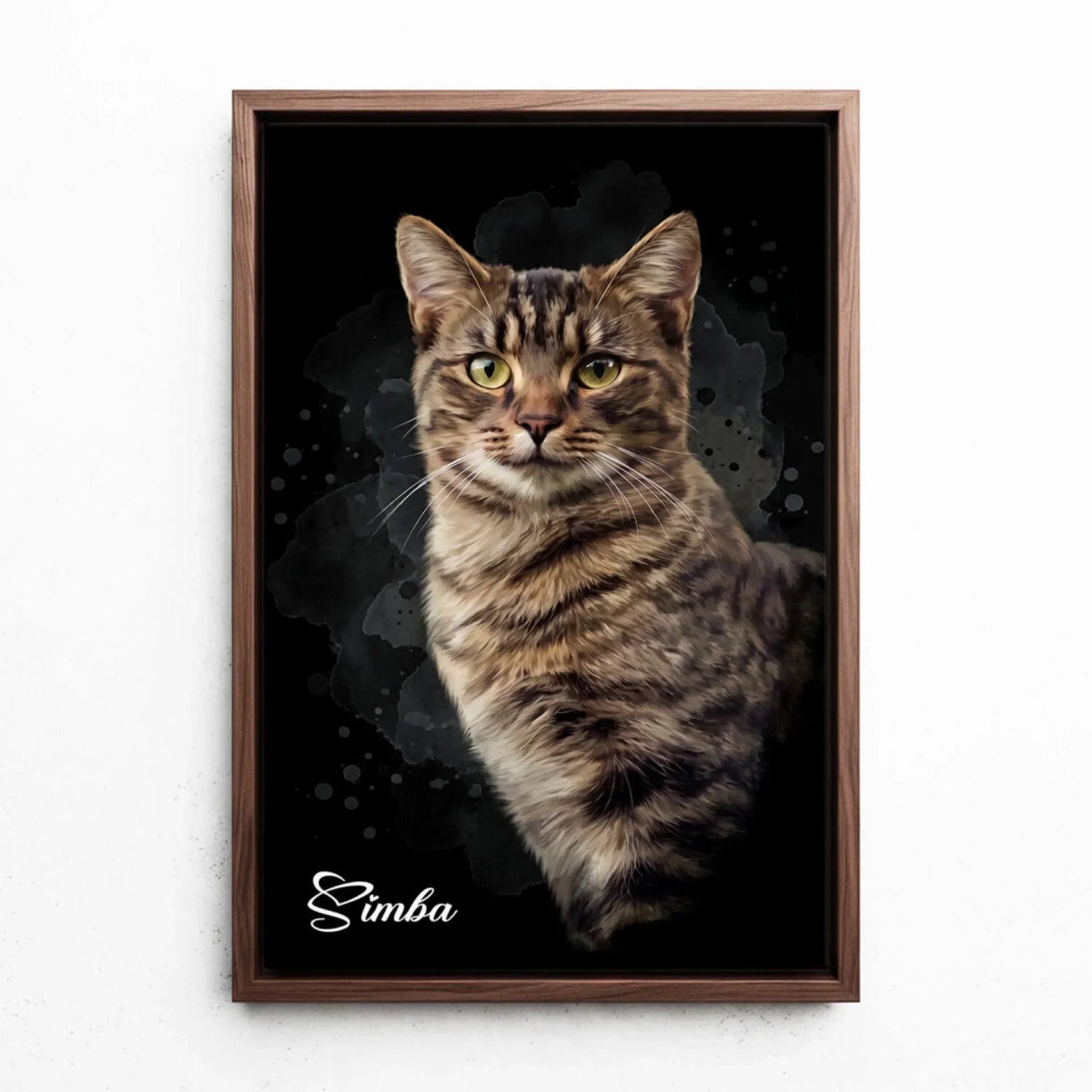 Portrait de chat en style aquarelle - Noir d'après ta photo - toile avec cadre noyer
