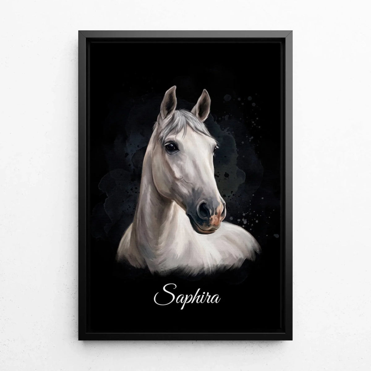 Portrait de cheval en style aquarelle - Noir d'après ta photo - toile avec cadre noir