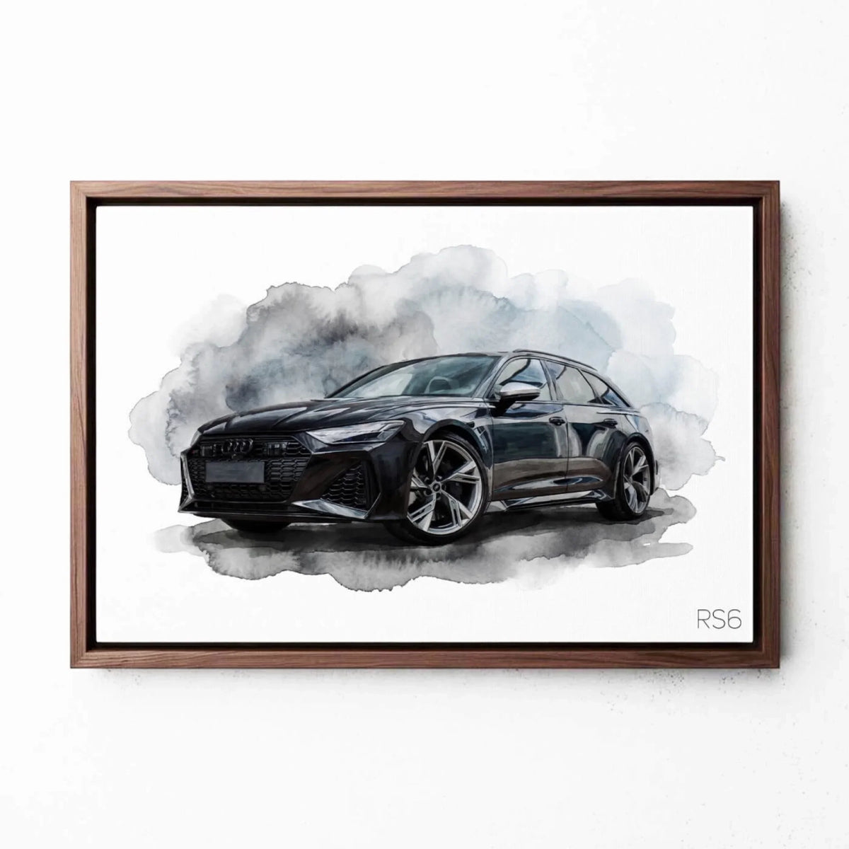 Portrait de voiture en style aquarelle (format paysage) d'après ta photo - toile avec cadre noyer