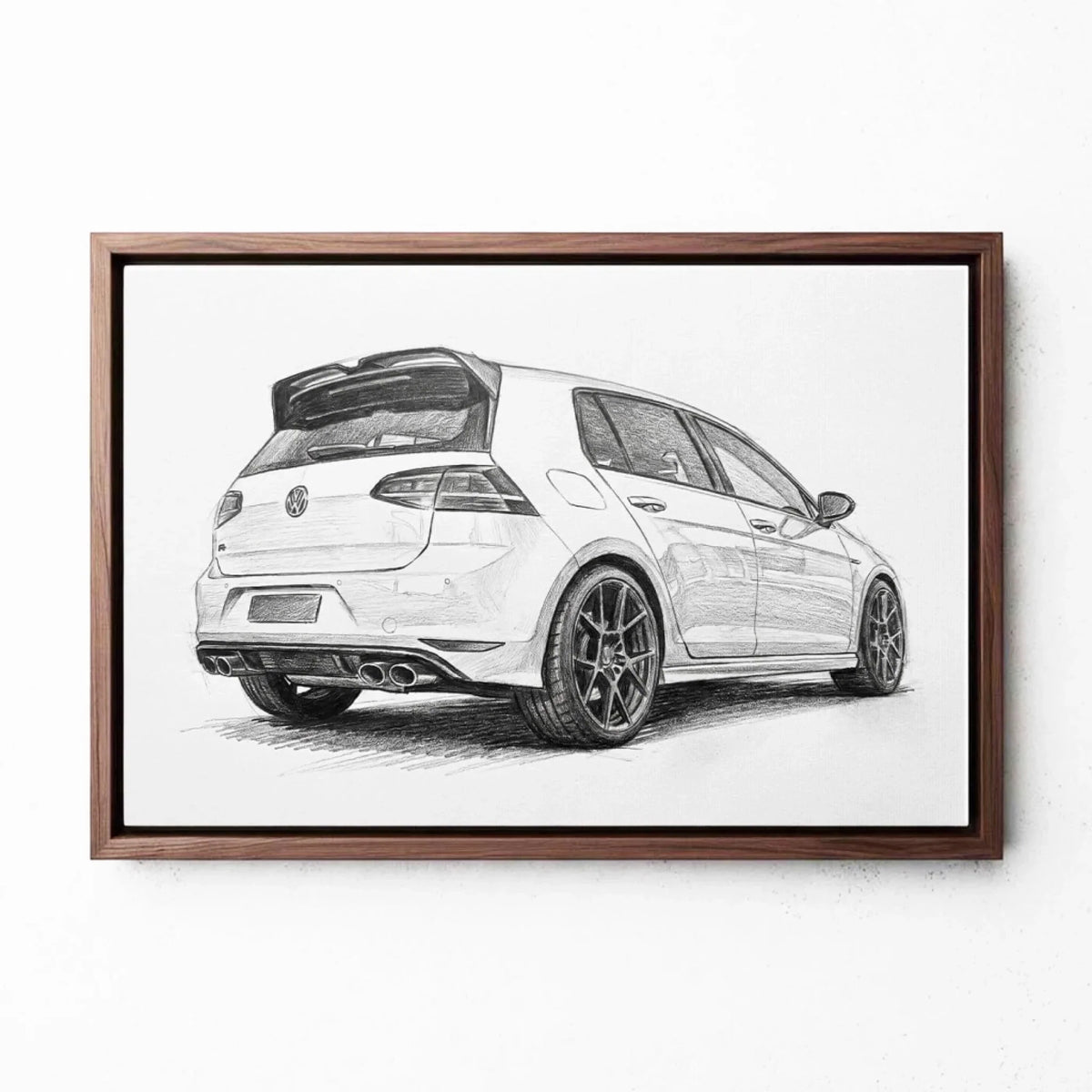 Portrait de voiture en style crayon (format paysage) d'après ta photo - toile avec cadre noyer