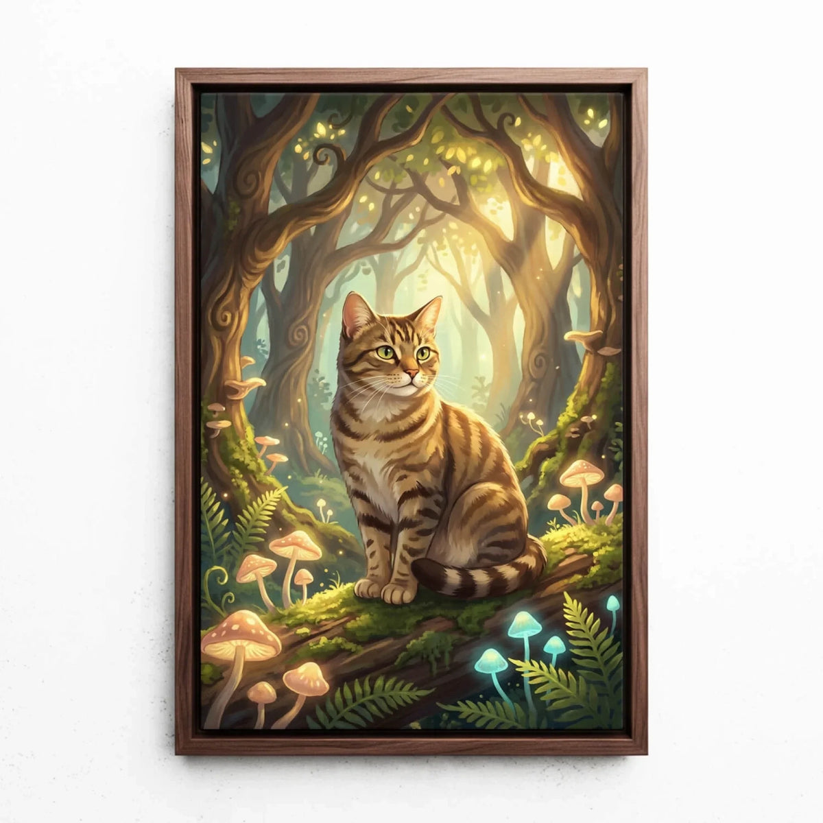 Portrait de chat en style fantasy / cartoon d'après ta photo - toile avec cadre noyer