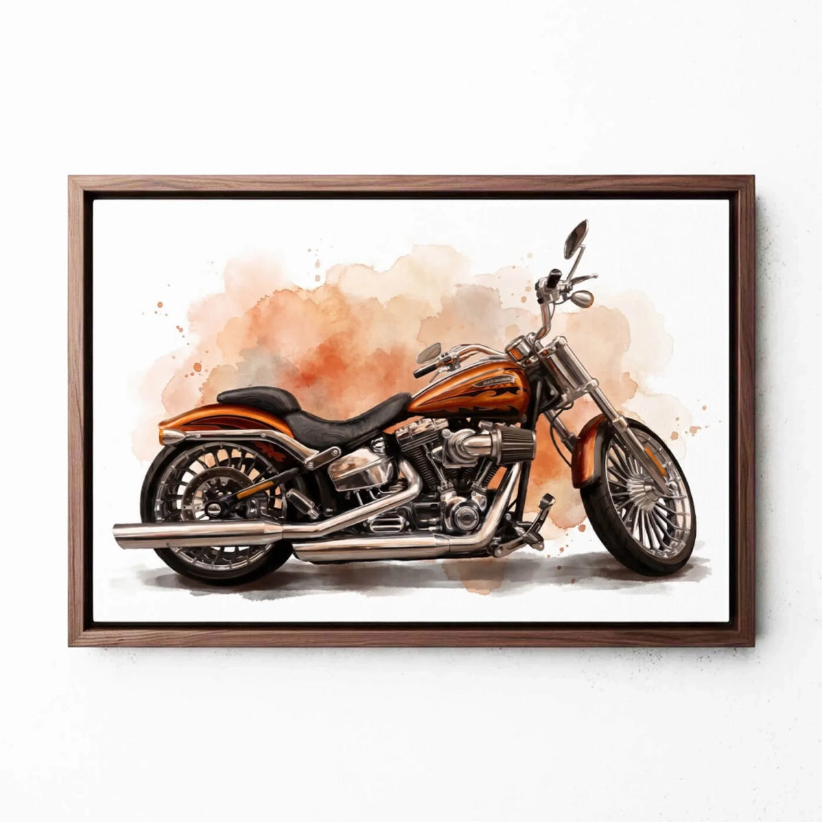 Portrait de moto en style aquarelle (format paysage) d'après ta photo - toile avec cadre noyer