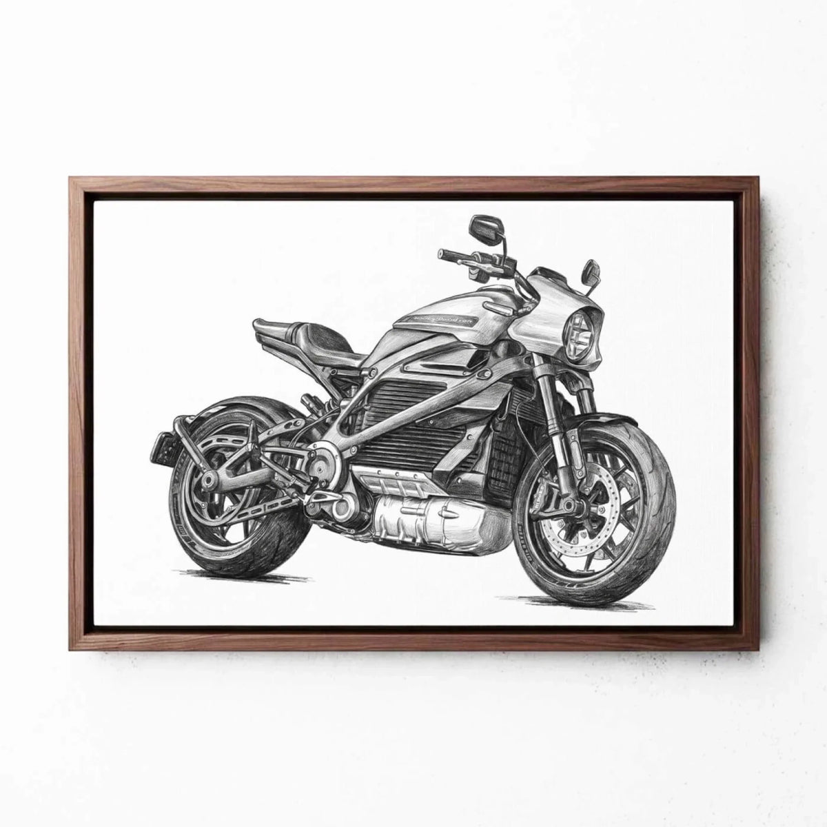 Portrait de moto en style crayon (format paysage) d'après ta photo - toile avec cadre noyer