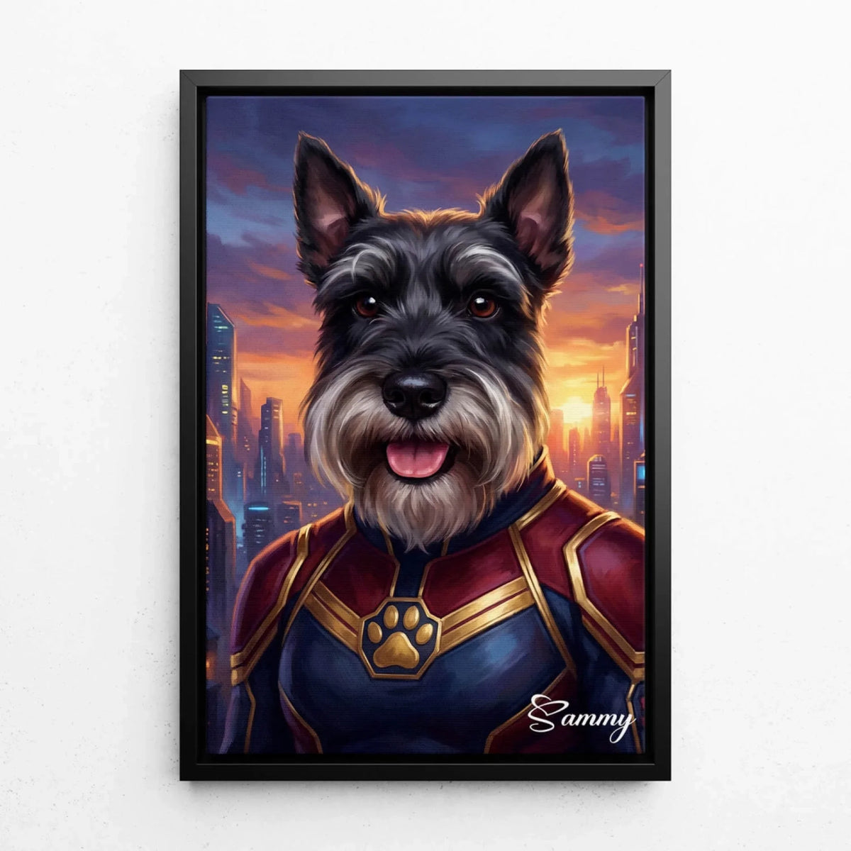 Portrait de chien en super-héros d'après ta photo - toile avec cadre noir
