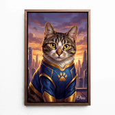 Portrait de chat en super-héros d'après ta photo - toile avec cadre noyer