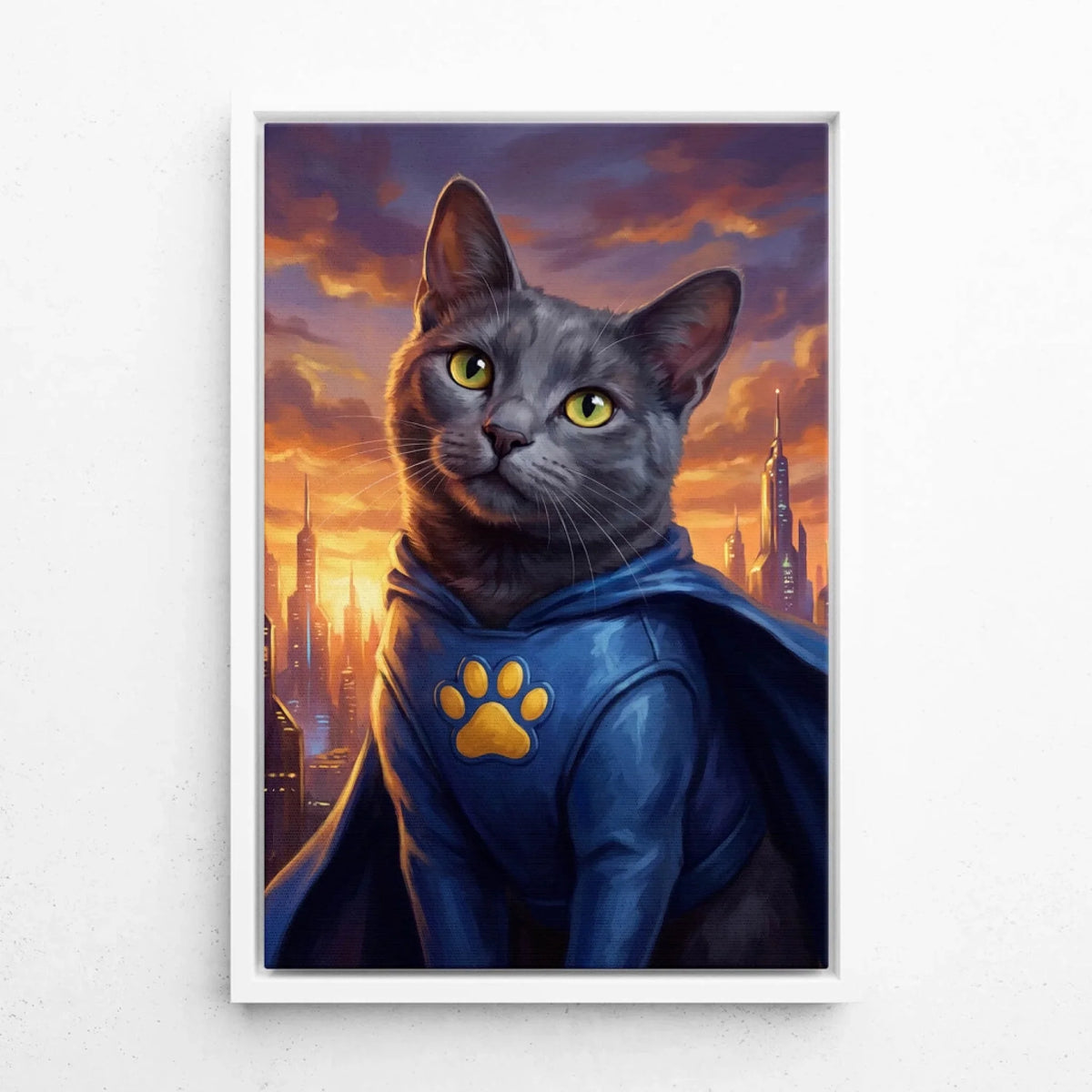 Portrait de chat en super-héros d'après ta photo - toile avec cadre blanc