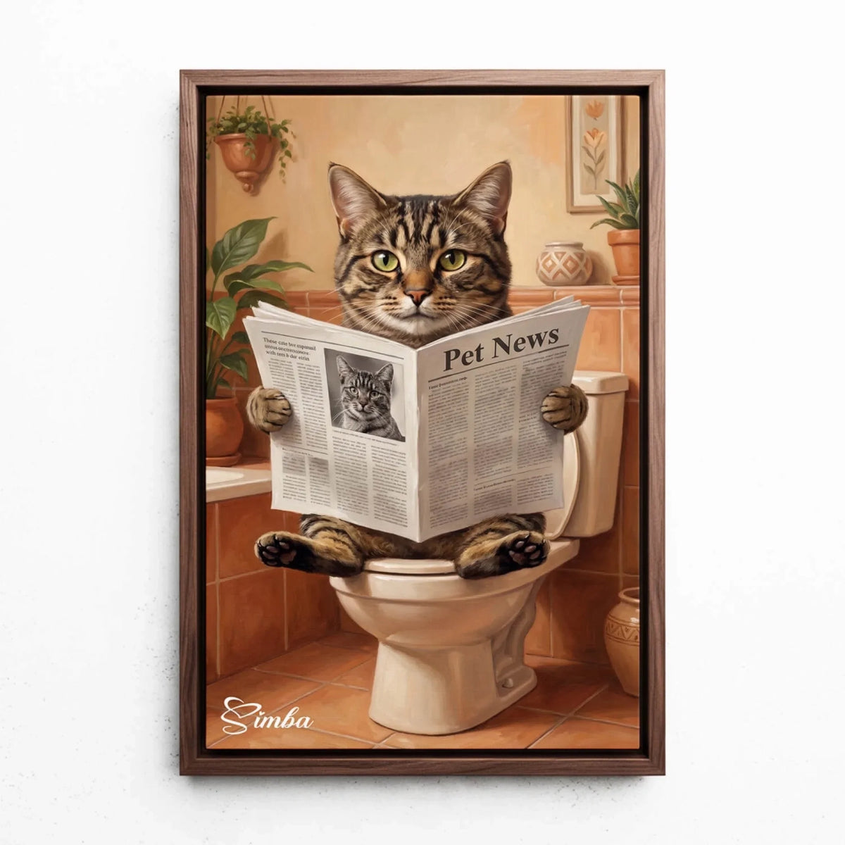 Portrait de chat amusant sur les toilettes d'après ta photo - toile avec cadre noyer