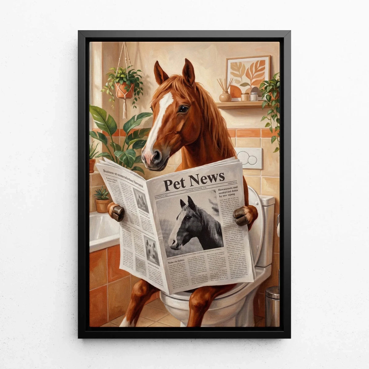 Portrait de cheval amusant sur les toilettes d'après ta photo - toile avec cadre noir